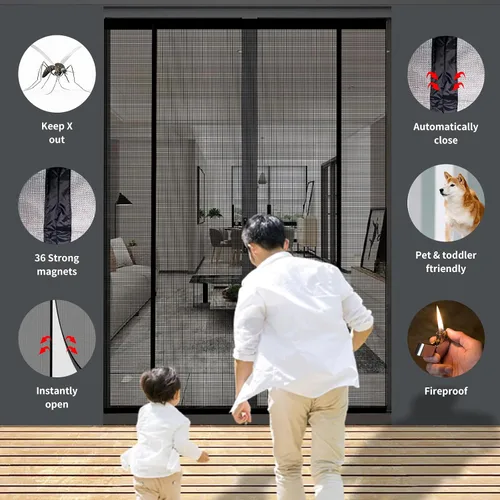 Miniatura 3 de Malla magnética con imanes súper fuertes, red de fibra de vidrio de doble apertura para puertas corredizas de vidrio, patio grande y puertas