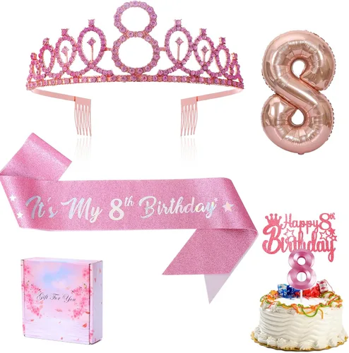 Conjuntos de Banda y Tiara de 8º Cumpleaños, Banda "It's My 8th Birthday" Corona de Pedrería Decoración para Pastel de Cumpleaños Globos de Papel de