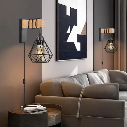 Miniatura 3 de Juego de 2 apliques de pared enchufables, luces de pared de granja con cable de enchufe, lámpara de pared rústica negra para dormitorio, mesita