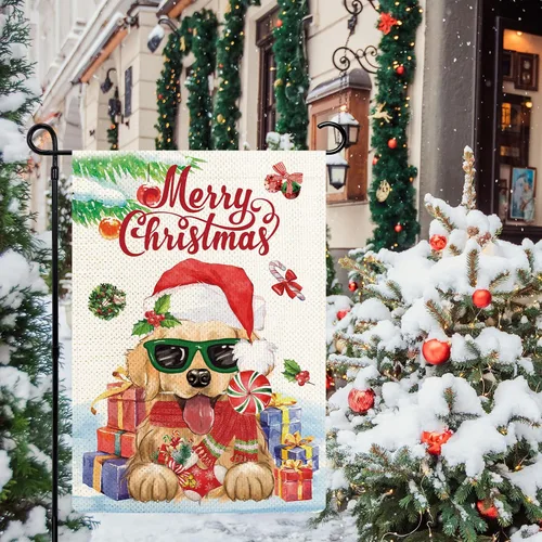 Miniatura 2 de Golden Retriever - Bandera de jardín con texto en inglés "Merry Christmas", de arpillera, de 12 x 18 pulgadas, doble cara para patio, porche
