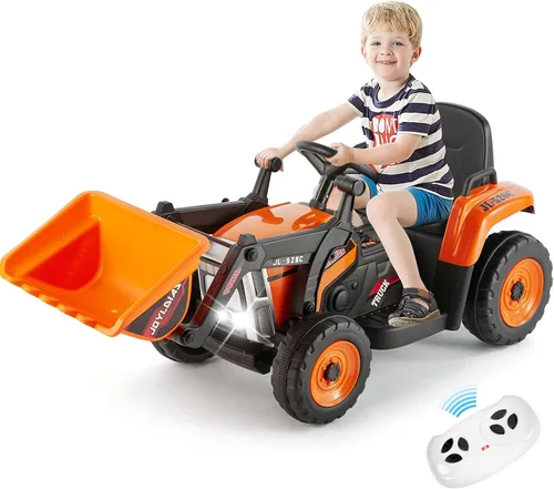 JOYLDIAS Vehículo de Construcción Eléctrico de 12V para Montar, Excavadora, Bulldozer/Tractor para Niños con Control Remoto, 3 Velocidades, Naranja