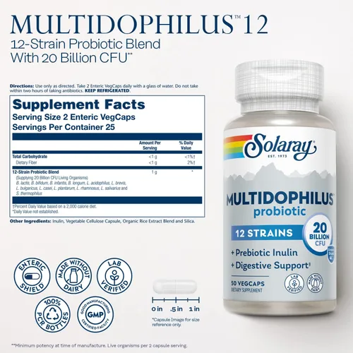 Miniatura 2 de SOLARAY Multidophilus - Probiótico de 12 cepas 20 mil millones de UFC, probióticos para la salud digestiva y apoyo a la salud intestinal con inulina