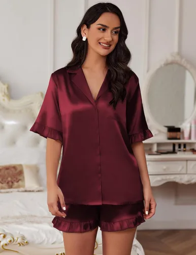 Miniatura 3 de Ekouaer Conjunto de pijama de satén de seda con volantes para mujer, conjunto de pijama con botones S-XXL