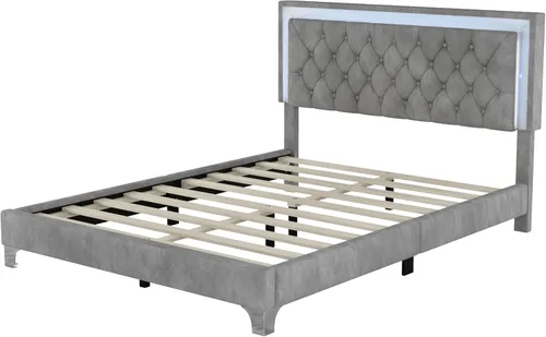 Miniatura 6 de SOFTSEA Cama de tamaño Queen con luz LED, plataforma de terciopelo con cabecero copetudo para niños, adolescentes y adultos, cama de plataforma