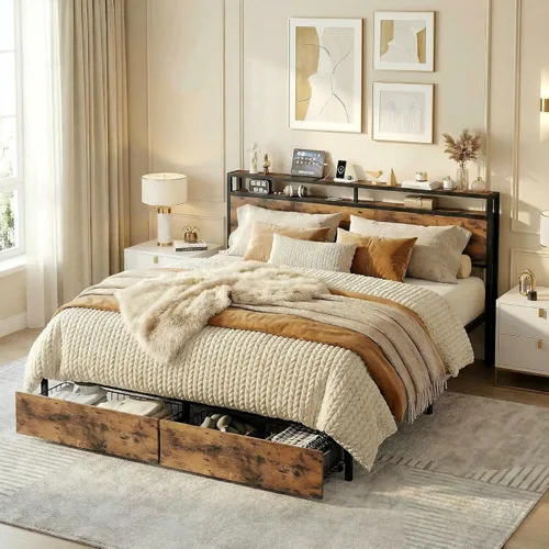 Miniatura 11 de LIKIMIO Base de cama Queen con cabecera de almacenamiento, cama de plataforma con cajones y estación de carga, no necesita somier, fácil montaje