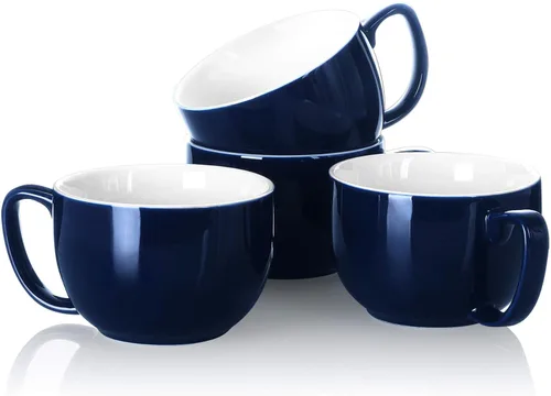 Miniatura 12 de Teocera Juego de 4 tazas de café grandes de 16 onzas, tazas de porcelana blanca gruesa para capuchino, café con leche, té y chocolate caliente