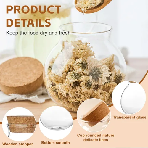 Miniatura 3 de Tarro redondo de vidrio transparente de 16.9 fl oz, con tapón de corcho