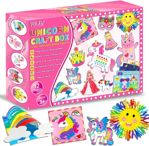 7july Caja de manualidades de unicornio, 12 divertidas artes y manualidades para niños de 4 a 8 años, juguetes creativos educativos, proyectos de