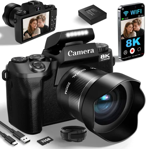 Cámaras digitales 8K para fotografía, cámara WiFi de 64 MP para YouTube, cámara digital con pantalla táctil de 4 pulgadas con lente dual, enfoque