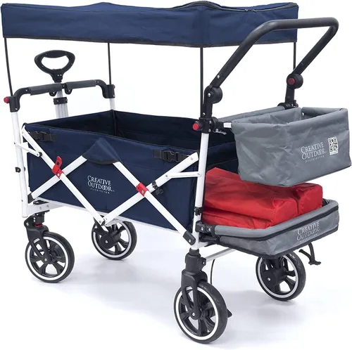 Carro creativo para exteriores para niños, cochecito plegable con toldo | Serie Titanium Plus | Playa, parque, jardín (azul marino sólido)