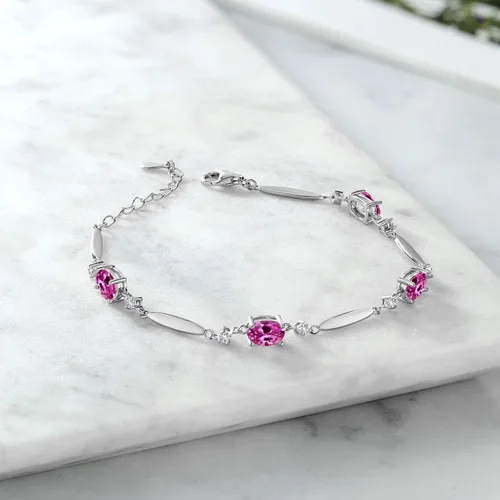Miniatura 76 de Gem Stone King 925 Sterling Silver Gemstone Birthstone and White Created Sapphire Tennis Bracelet For Women Oval 7X5MM and 2MM 6 Inch + 1 Inch