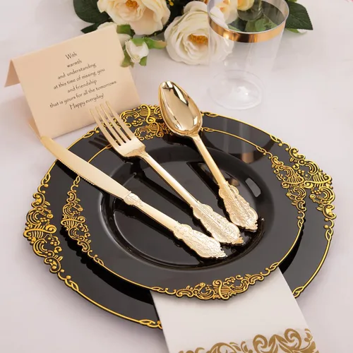 Miniatura 8 de Hioasis 350 platos negros y dorados, platos de fiesta negros para 50 invitados, incluyen 100 platos resistentes (20% más gruesos que el estándar)