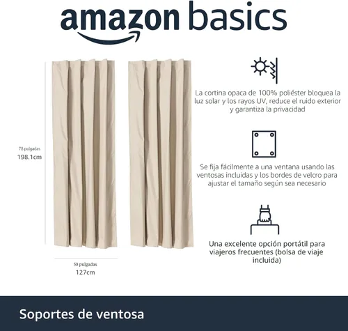 Miniatura 2 de Amazon Basics Cortina opaca portátil con ventosas, 50 pulgadas de ancho x 78 pulgadas de largo, paquete de 1, beige
