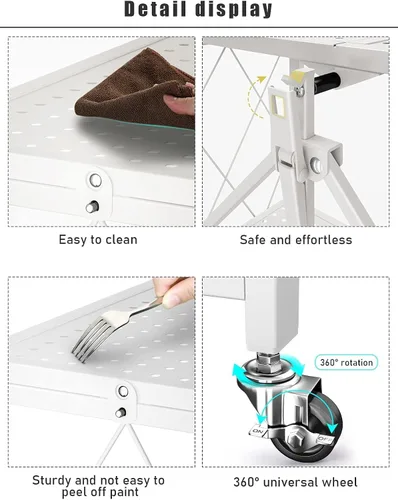 Miniatura 6 de Estantes plegables de 3 niveles con ruedas, estilo industrial, estantes de almacenamiento de metal resistentes para el hogar, cocina, dormitorio