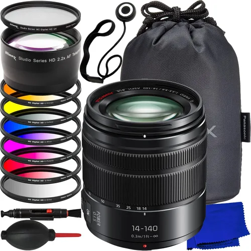 Ultimaxx Paquete esencial + Panasonic Lumix G Vario 0.551-5.512 in f/3.5-5.6 II ASPH. Lente O.I.S. Power O.I.S. + accesorio de lente teleobjetivo