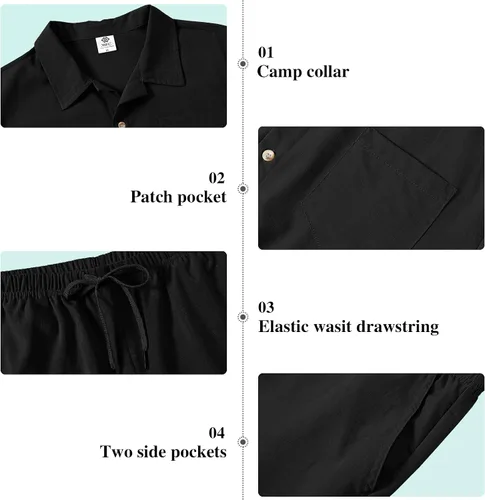 Miniatura 5 de MoFiz Conjunto de pantalones cortos para hombre, camisas con botones, pantalones cortos, casual, playa, 2 picece, conjunto de verano, más ligero