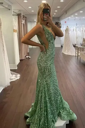 Miniatura 3 de Toreque Women's Long Sequin Mermaid Prom Dresses Deep V Neck Sleeveless Formal Evening Party Gowns with Train