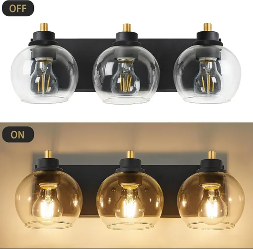 Miniatura 3 de Tuscarora Lámpara de tocador de baño de 3 luces, lámparas de baño negras y doradas, lámpara de tocador moderna con pantalla de vidrio transparente