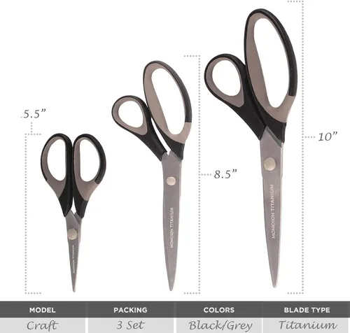 Miniatura 9 de BambooMN Juego de tijeras de titanio Softgrip para costura, arte, manualidades, oficina, 1 juego de 3 unidades, rojo con incrustaciones negras 3
