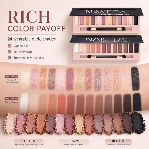 Miniatura 8 de Sulily Kit de paleta de sombras de ojos desnudas de 12 colores, paleta de sombra de ojos con pigmento ahumado mate mate con brillantina, paletas