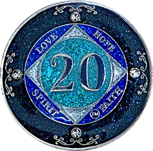 Miniatura 27 de NA 1 año de cristales y medallón de purpurina, moneda chapada en color plateado, arco iris negro, purpurina azul y cuatro cristales transparentes