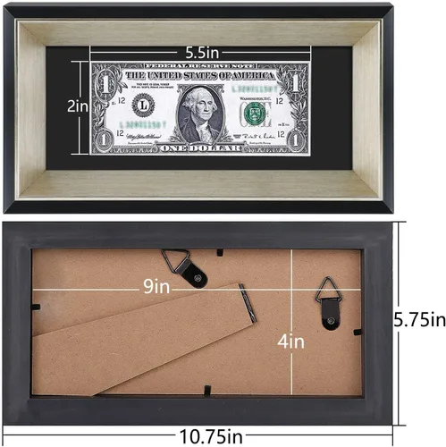 Miniatura 4 de Marco de billetes de dólar de 4 x 9 con paspartú, soporte de caballete para colgar de mesa o anillo en D, montaje en pared (negro/plateado, 1 unidad)