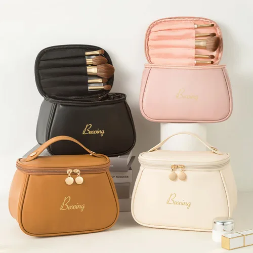 Miniatura 3 de Bolso cosmético moderno de la PU del estilo del cubo de la capacidad simple y grande para el transporte fácil del bolso del maquillaje