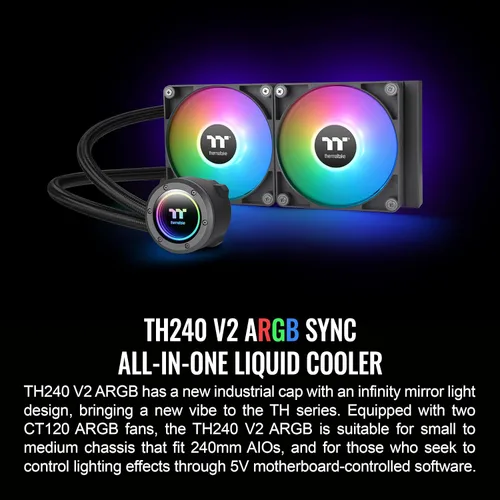 Miniatura 2 de Thermaltake TH240 ARGB Sync V2 enfriador de CPU de líquido/Refrigeración líquida AlO/Ventilador 120mm*2/PWM 500~2000 RPM/Bloque de agua de Negro