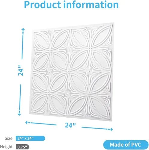 Miniatura 4 de Art3d Azulejo decorativo de techo de PVC de 2 pies x 2 pies en blanco, panel de techo con pegamento de 24 x 24 pulgadas, 12 piezas