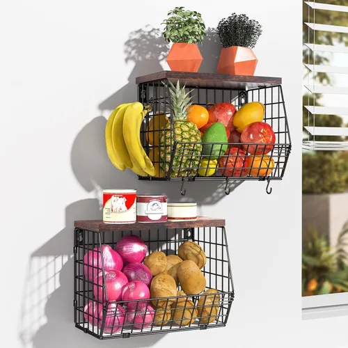 Miniatura 2 de Wawocs Tazón de frutas de 2 niveles, cesta de frutas para encimera de cocina, cesta apilable, cesta colgante montada en la pared, cestas de alambre