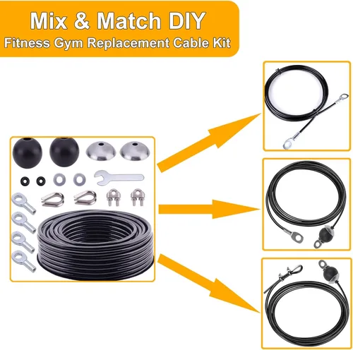 Miniatura 4 de Kit de cable de repuesto para fitness, cuerda de alambre de acero recubierto de poliuretano de 32.8 pies de 0.197 in con 17 accesorios