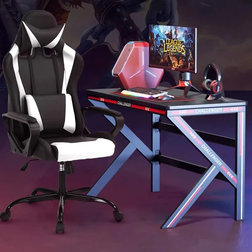 Miniatura 12 de Silla moderna para videojuegos, ergonómica con respaldo alto, silla de oficina de piel sintética con soporte lumbar, color negro