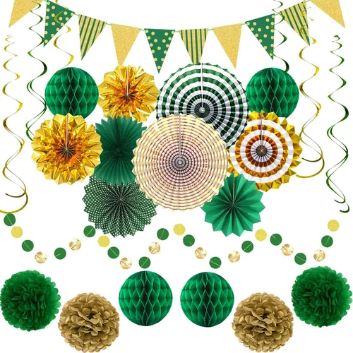 Miniatura 14 de 24 decoraciones de fiesta negras y doradas, abanicos de papel, guirnaldas de pompones de panal, suministros colgantes reutilizables para graduación