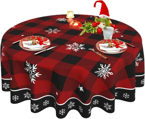 Mantel de Navidad, Mantel Redondo a Cuadros de Búfalo Rojo y Negro de 60 Pulgadas, Mantel de Mesa con Copos de Nieve de Invierno para Decoración