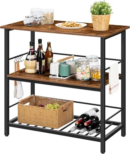 Miniatura 9 de HOOBRO Isla de cocina con estante para vino, contador industrial de isla con ganchos y rieles protectores, estante de cocina de 3 niveles