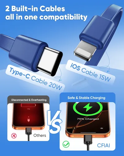 Miniatura 2 de Cargador portátil de batería de 20000 mAh, 22.5 W, cable integrado de carga rápida, cargador de teléfono portátil para iPhone, todos los modelos