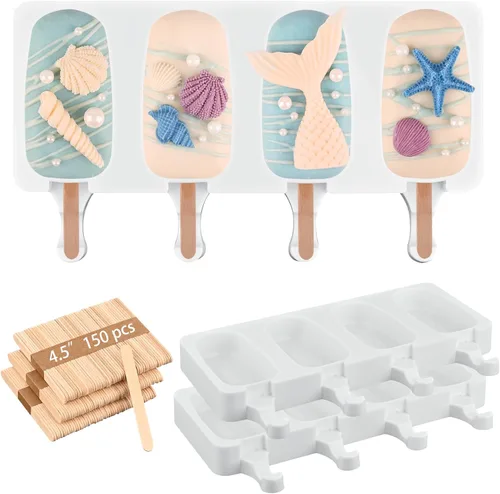 Miniatura 18 de Sakolla 2 paquetes de moldes de silicona para paletas, moldes de helado de diamante de 4 cavidades con 50 palos de madera para paletas de hielo