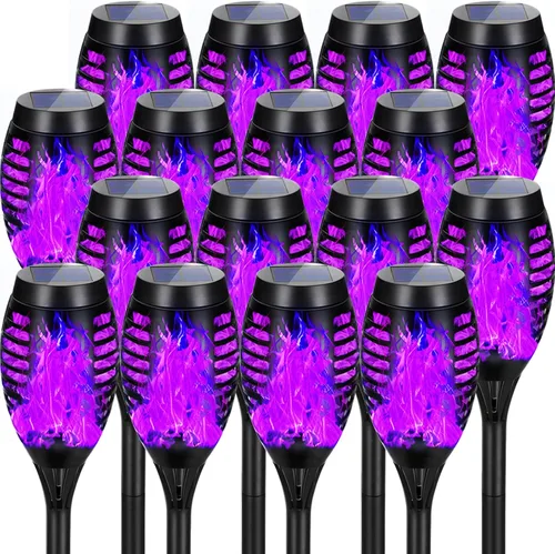 Miniatura 13 de Paquete de 4 antorchas solares impermeables para exteriores, llama parpadeante azul, luces solares de jardín para patio, antorchas Tiki