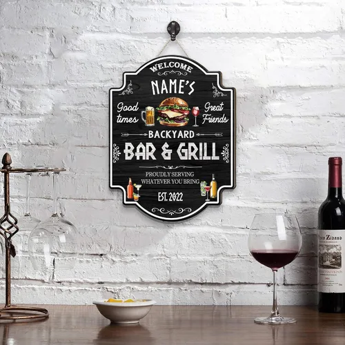 Miniatura 8 de Artsy Woodsy Letrero personalizado para bar y parrilla en el patio trasero (no tallado o neón), decoración de placa artística de pared, accesorios