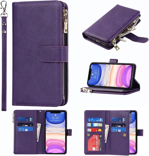 Miniatura 9 de Funda tipo cartera compatible con iPhone 11, piel sintética azul de 6.1 pulgadas, PC, funda delgada de TPU con 9 ranuras para tarjetas, bolsillo