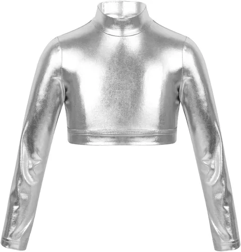 TiaoBug Camiseta corta de manga larga con cuello alto falso para niñas y niñas, atlética, brillante, metálica, para danza, camiseta deportiva lisa