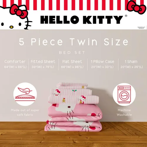 Miniatura 3 de Franco Hello Kitty Sanrio Juego de edredón y sábanas para Navidad y festividades suaves con funda, 5 piezas, tamaño individual (producto oficial)