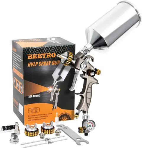 Miniatura 9 de BEETRO - Pistola pulverizadora de aire HVLP, capacidad de 1000ml, 14.3CFM, 29-32psi, boquillas de 1.4mm/1.8mm, acero inoxidable con adaptador tipo