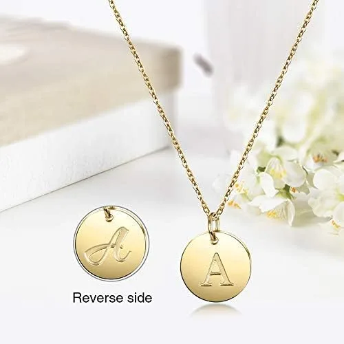 Miniatura 3 de Collar con inicial, chapado en oro de 14 quilates, disco redondo de doble cara, grabado con nombre con cadena ajustable y aretes