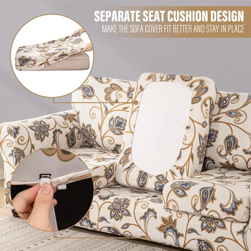 Miniatura 4 de Lamberia Funda Estampada para Sofá de 3 Cojines Fundas de Sofá de Alta Elasticidad 4 Piezas Funda de Sofá con Tres Fundas de Cojín Separadas Parte