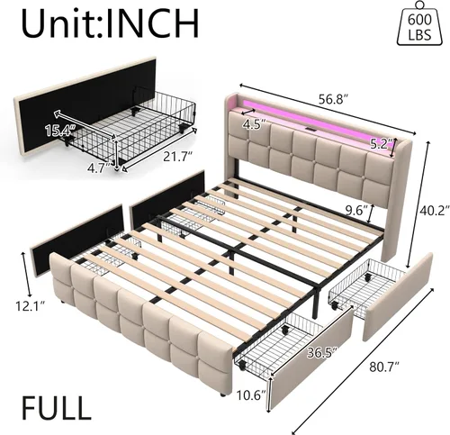 Miniatura 2 de Juego Base de cama Full 3 en 1 con luz LED RGB, enchufe y estación de carga USB y tipo C, 4 cajones, listones de madera, cama tapizada, sin ruido