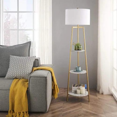 Miniatura 2 de ROSEN GARDEN Lámpara de pie, luz de lectura de pie con estantes de mármol sintético y pantalla de tela, lámpara moderna de poste alto, iluminación