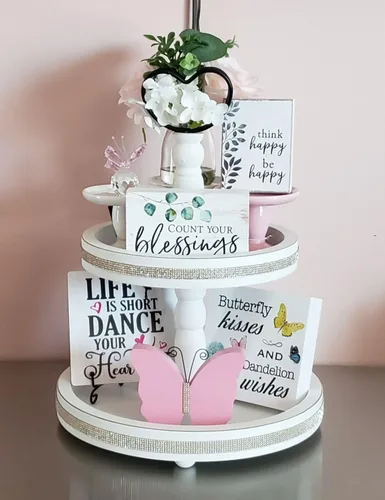 Miniatura 3 de Decoración de bandeja de 2 niveles, decoración de bandeja blanca con niveles para granja, cafetería, bodas, vacaciones (blanco)