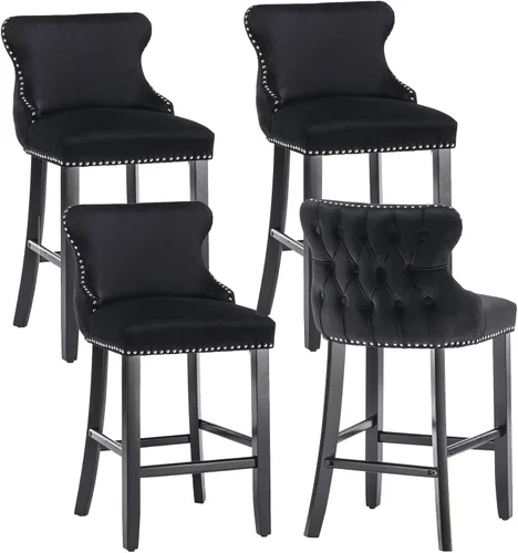 Miniatura 15 de mikibama Juego de 2 taburetes de bar de terciopelo con respaldo de ala, sillas de bar tapizadas con botones capitoné con altura de mostrador
