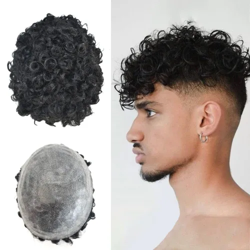 Miniatura 20 de Afro Curl Toupee para hombres unidades de cabello humano real para hombres negros inyectados PU tupé afroamericano para hombre postizo de pelo